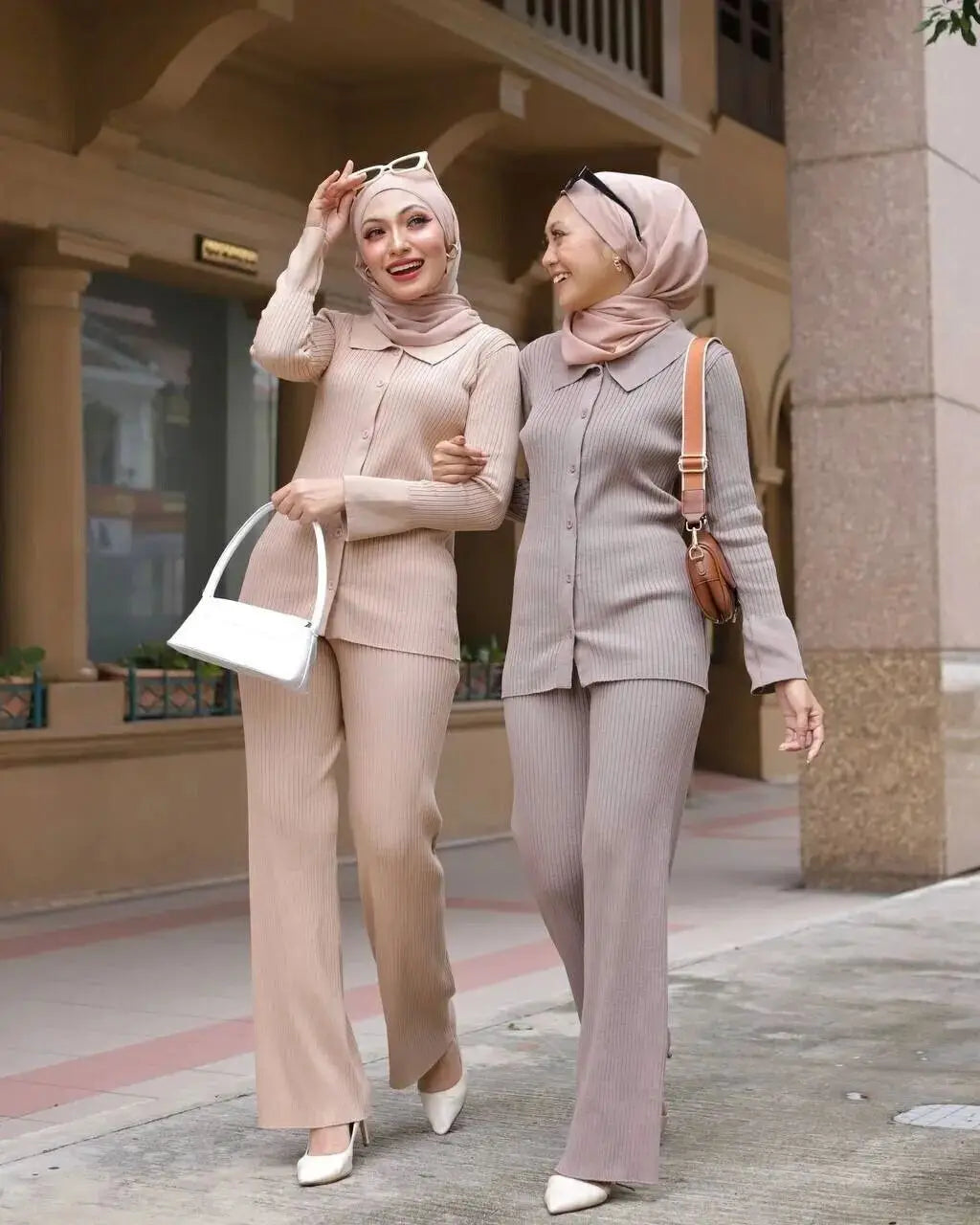 Muslim Islamic Knitted Sweater Tops and Trousers Women Winter Clothing Turkey Modest Abaya Kaftan Two Pieces Outfits