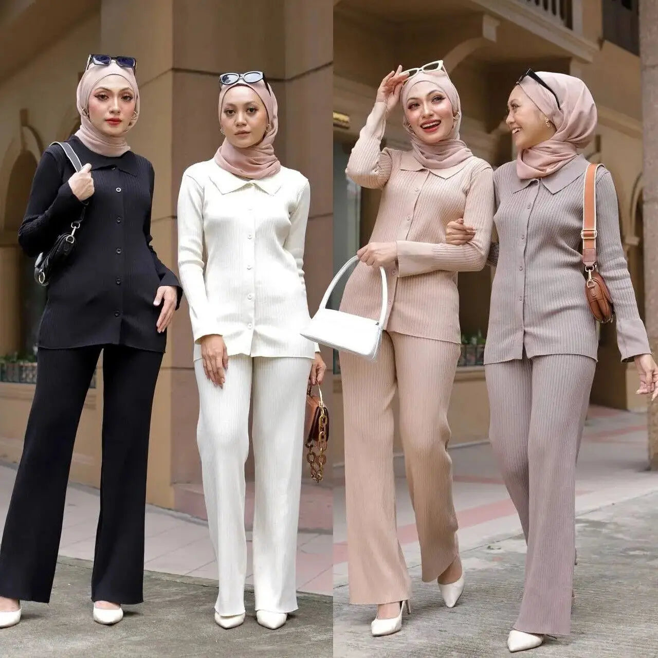 Muslim Islamic Knitted Sweater Tops and Trousers Women Winter Clothing Turkey Modest Abaya Kaftan Two Pieces Outfits