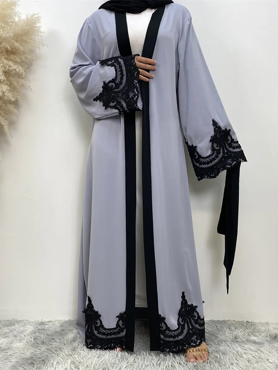 Middle East Fashion Ramadan Patchwork Lace Long Cardigan Muslim for Women Dubai Abaya Maxi Robe Kimono Turkish Islamic Clothing