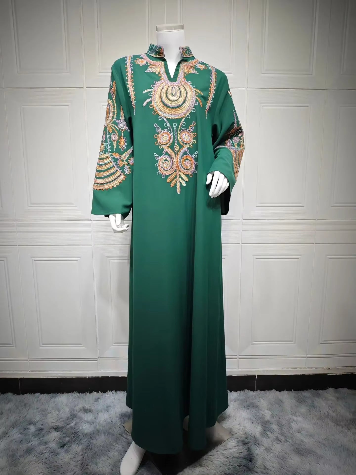 Colorful Flower Embroidery Abaya Fashion Maxi Long Dress Muslim for Women Stand V-Neck Robe Ramadan Islamic Jalabiya Loose Gown