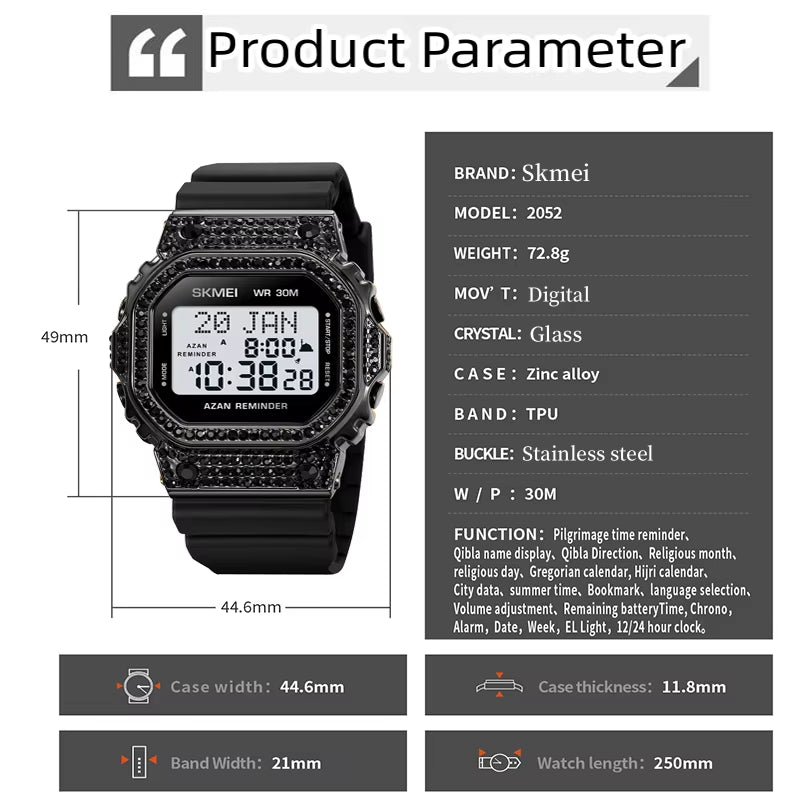 Muslim Azan Pilgrimage Sport'S Watch Luxury Rhinestone Dial Qibla Hijri Wristwatch Fashion Men'S Outdoor Compass Time