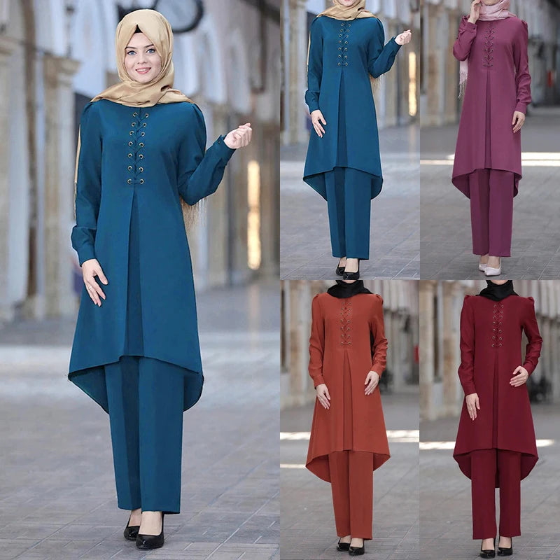 Muslim Women Long Tops Islamic Sets Women Muslim Pants Abaya Dubai 2020 Turkey Outfit Ramadan Prayer Clothes 2 Piece Set
