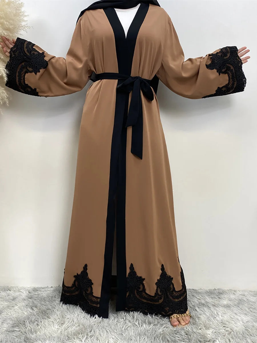 Middle East Fashion Ramadan Patchwork Lace Long Cardigan Muslim for Women Dubai Abaya Maxi Robe Kimono Turkish Islamic Clothing
