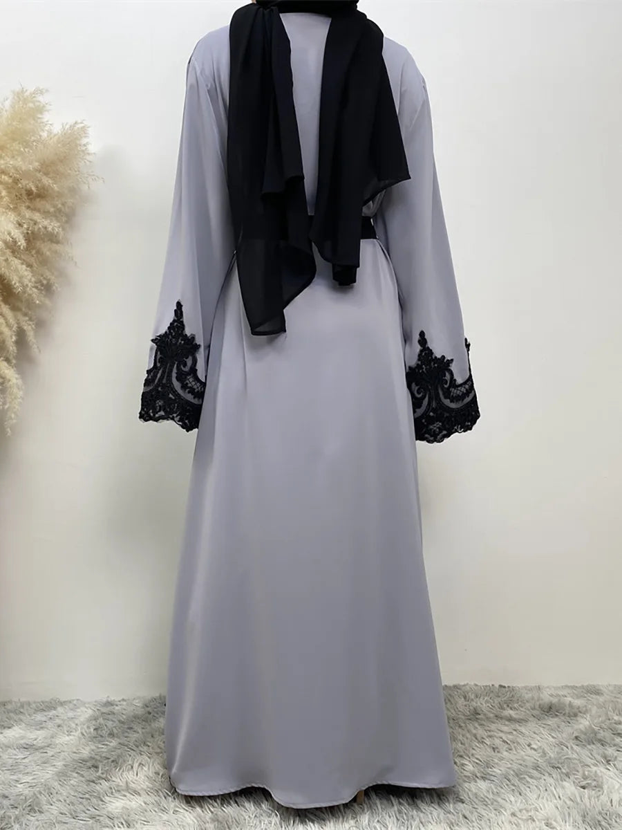 Middle East Fashion Ramadan Patchwork Lace Long Cardigan Muslim for Women Dubai Abaya Maxi Robe Kimono Turkish Islamic Clothing
