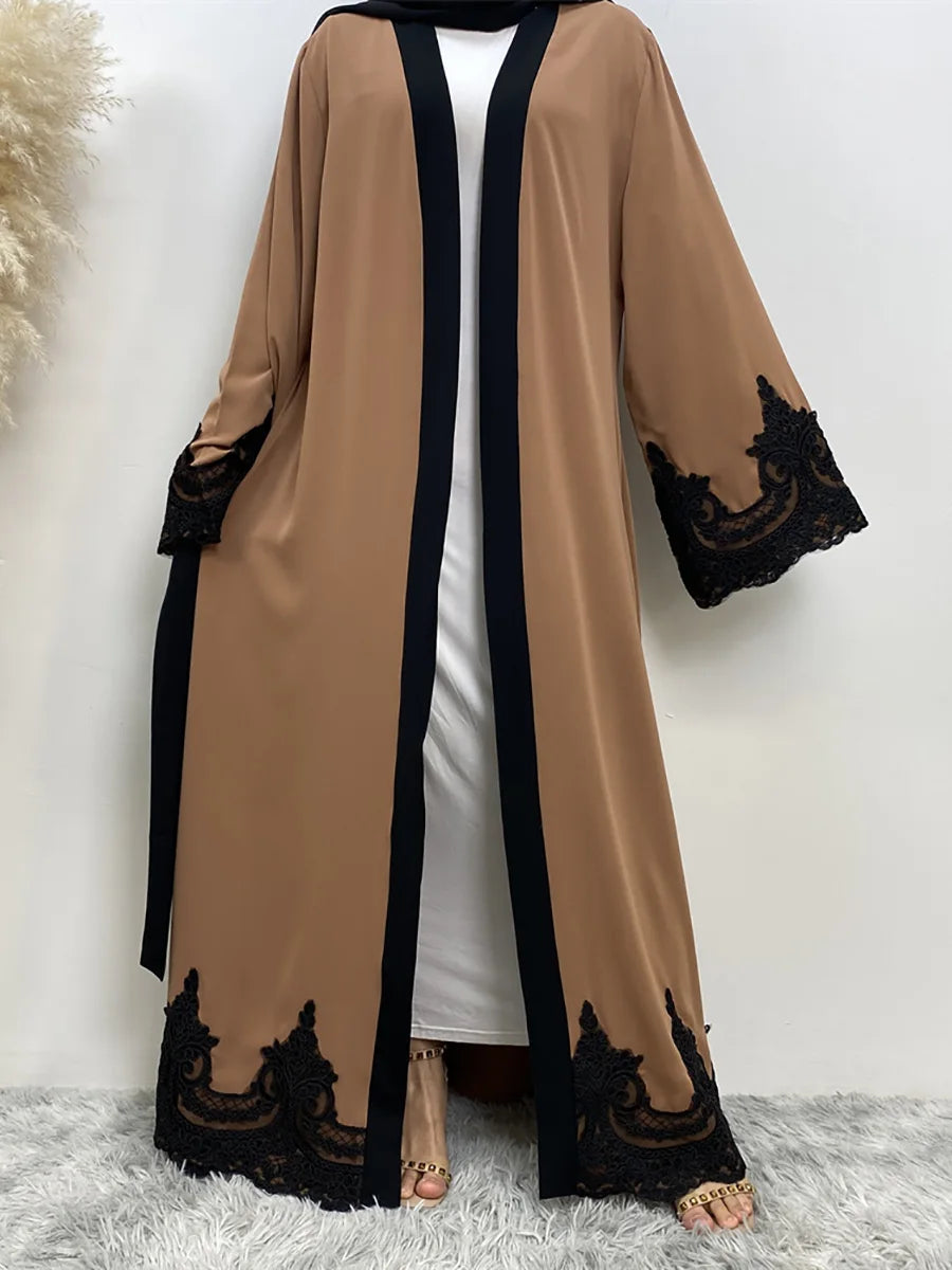 Middle East Fashion Ramadan Patchwork Lace Long Cardigan Muslim for Women Dubai Abaya Maxi Robe Kimono Turkish Islamic Clothing