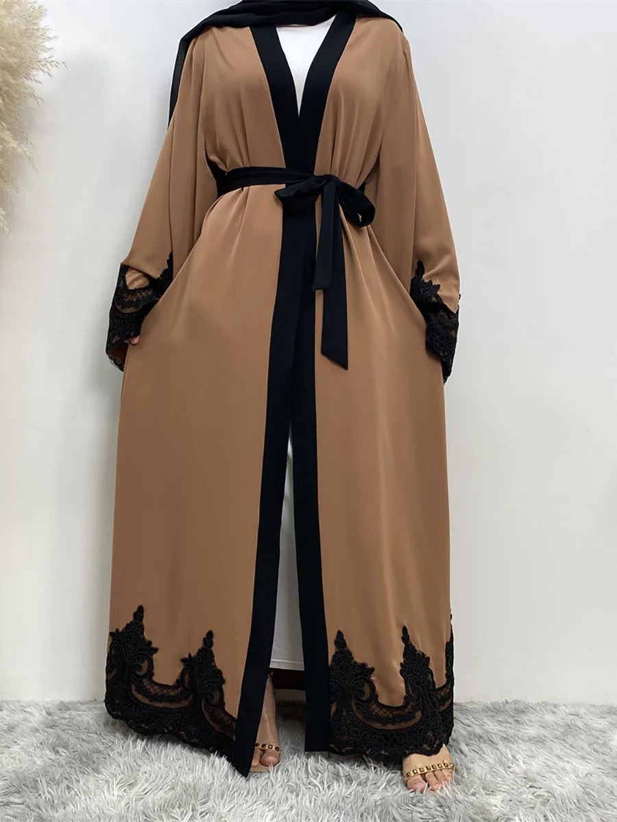 Middle East Fashion Ramadan Patchwork Lace Long Cardigan Muslim for Women Dubai Abaya Maxi Robe Kimono Turkish Islamic Clothing