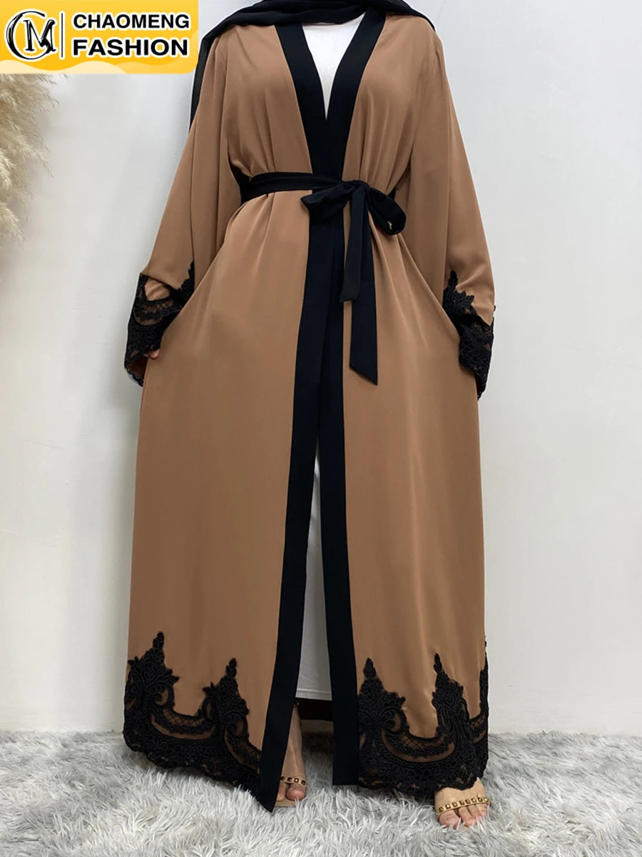 Middle East Fashion Ramadan Patchwork Lace Long Cardigan Muslim for Women Dubai Abaya Maxi Robe Kimono Turkish Islamic Clothing