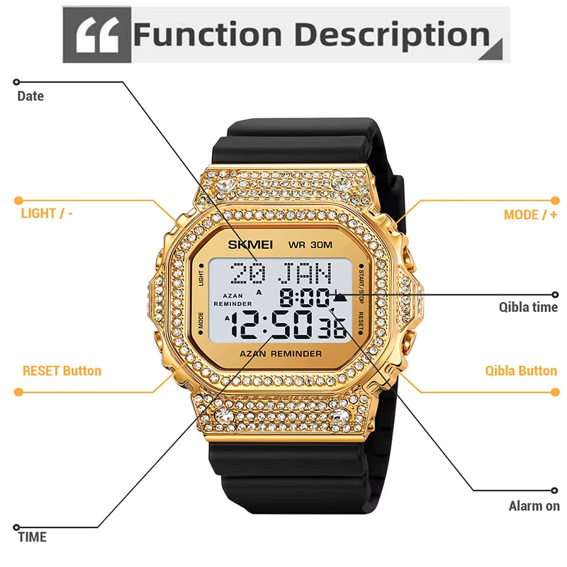 Muslim Azan Pilgrimage Sport'S Watch Luxury Rhinestone Dial Qibla Hijri Wristwatch Fashion Men'S Outdoor Compass Time