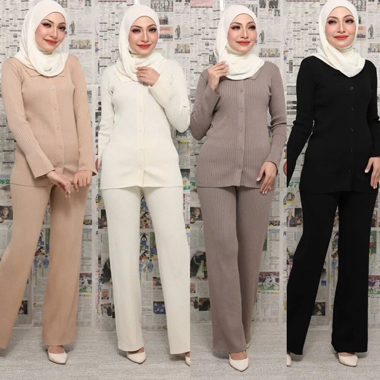 Muslim Islamic Knitted Sweater Tops and Trousers Women Winter Clothing Turkey Modest Abaya Kaftan Two Pieces Outfits
