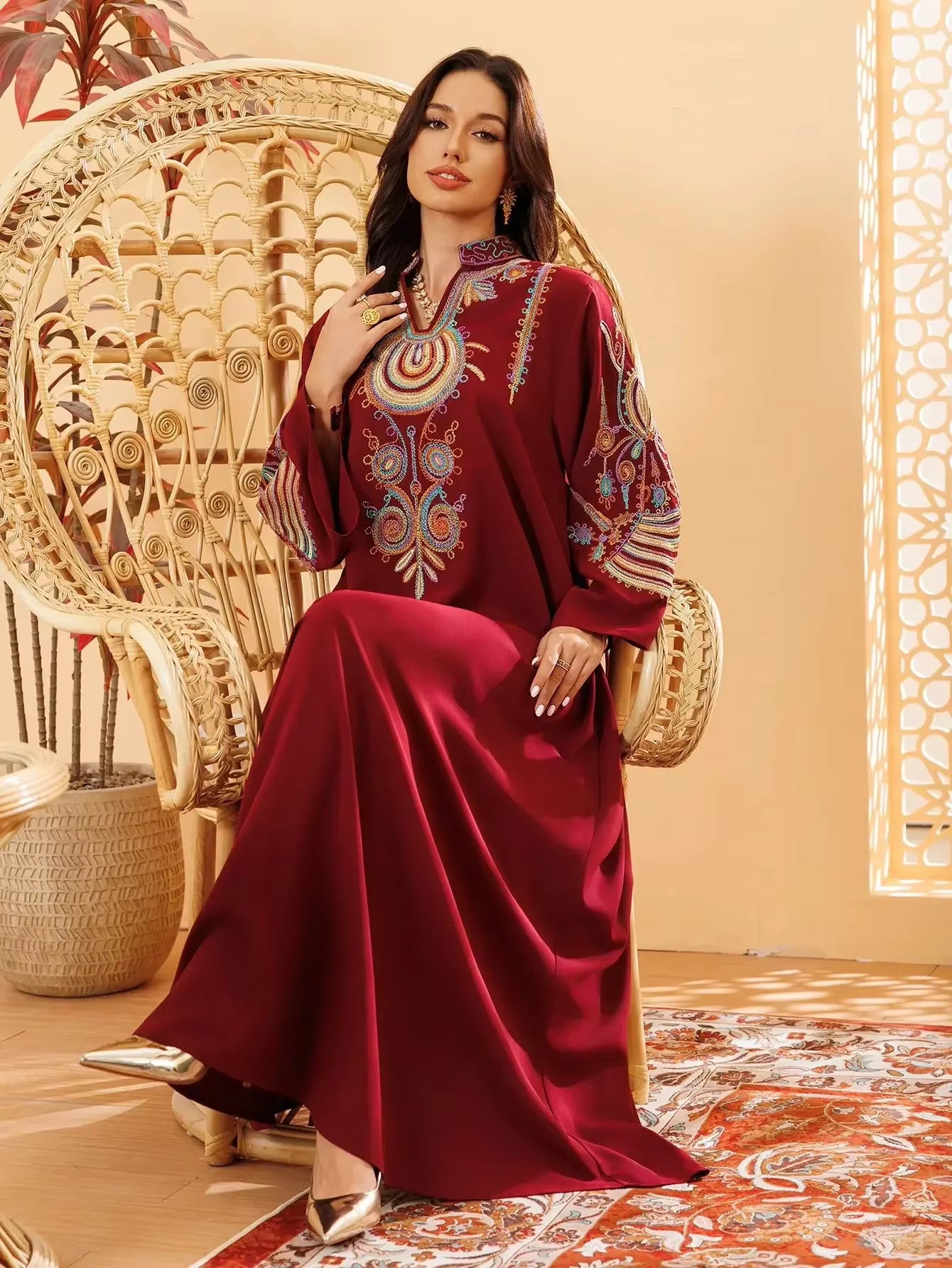 Colorful Flower Embroidery Abaya Fashion Maxi Long Dress Muslim for Women Stand V-Neck Robe Ramadan Islamic Jalabiya Loose Gown