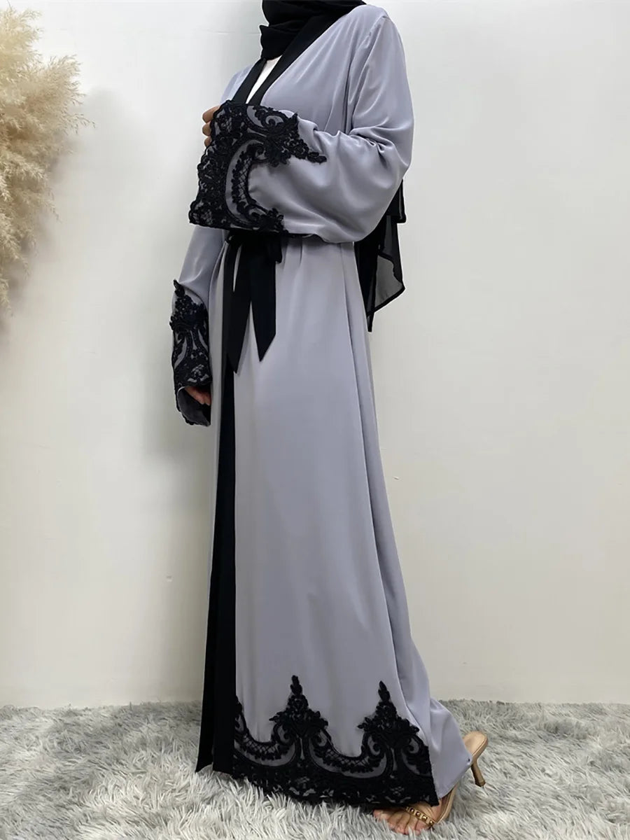 Middle East Fashion Ramadan Patchwork Lace Long Cardigan Muslim for Women Dubai Abaya Maxi Robe Kimono Turkish Islamic Clothing