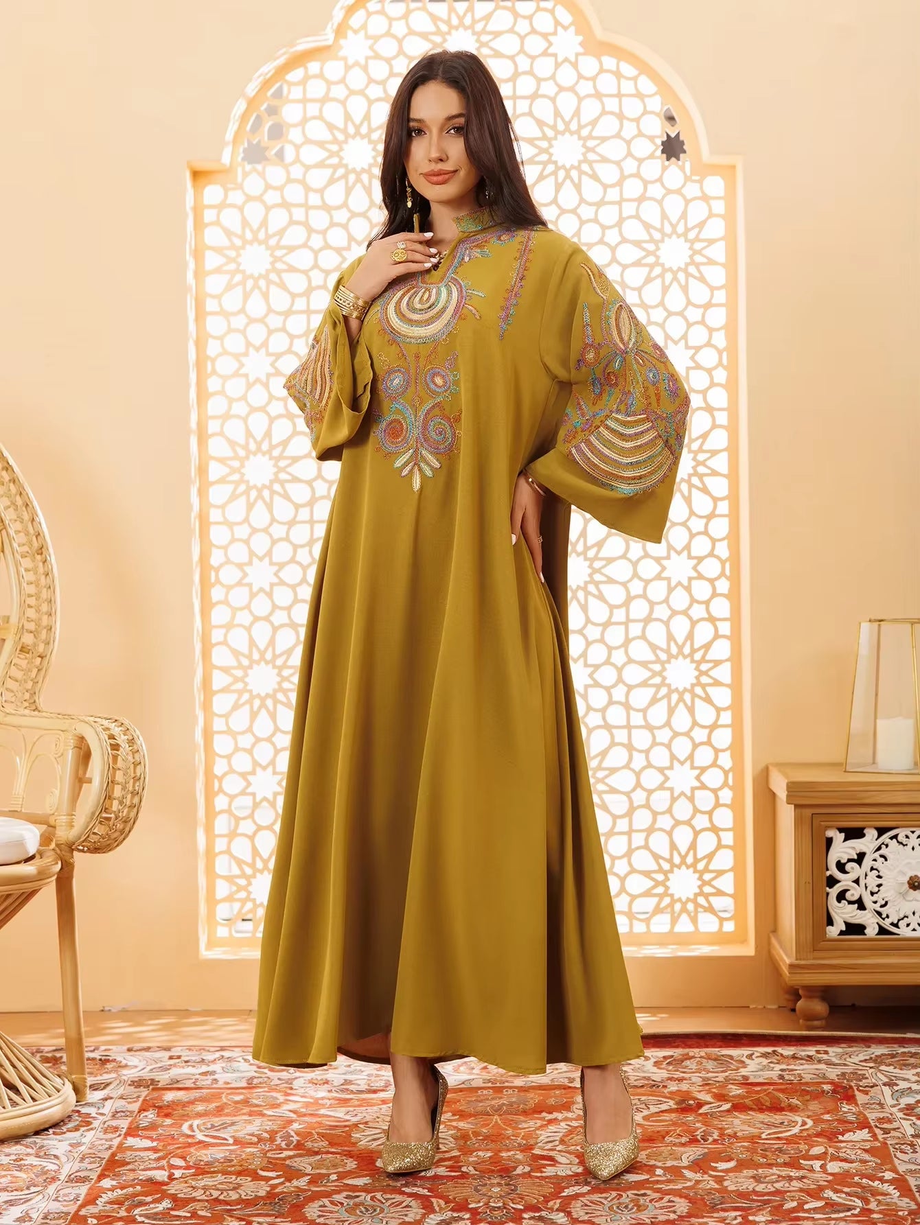 Colorful Flower Embroidery Abaya Fashion Maxi Long Dress Muslim for Women Stand V-Neck Robe Ramadan Islamic Jalabiya Loose Gown