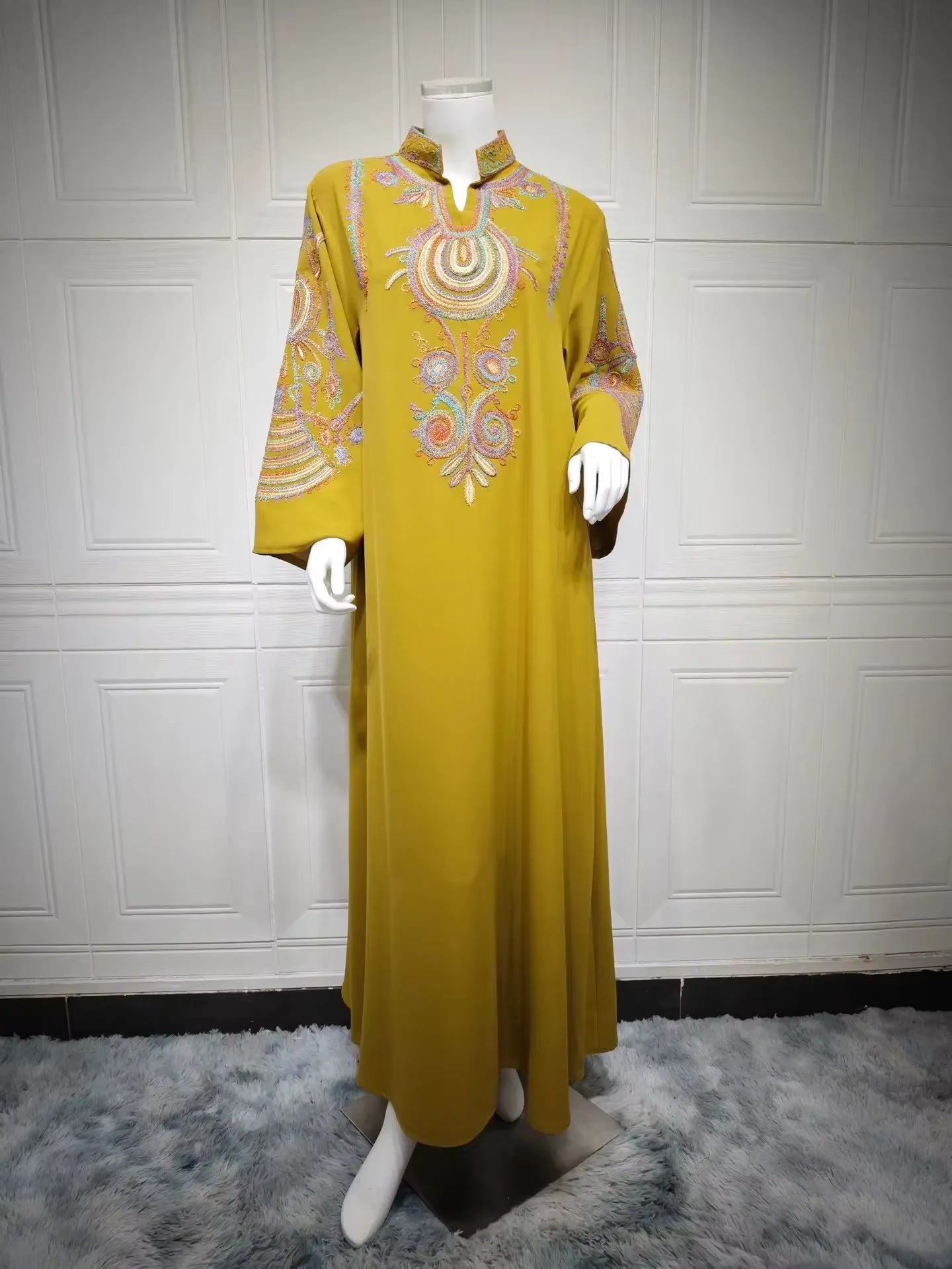 Colorful Flower Embroidery Abaya Fashion Maxi Long Dress Muslim for Women Stand V-Neck Robe Ramadan Islamic Jalabiya Loose Gown