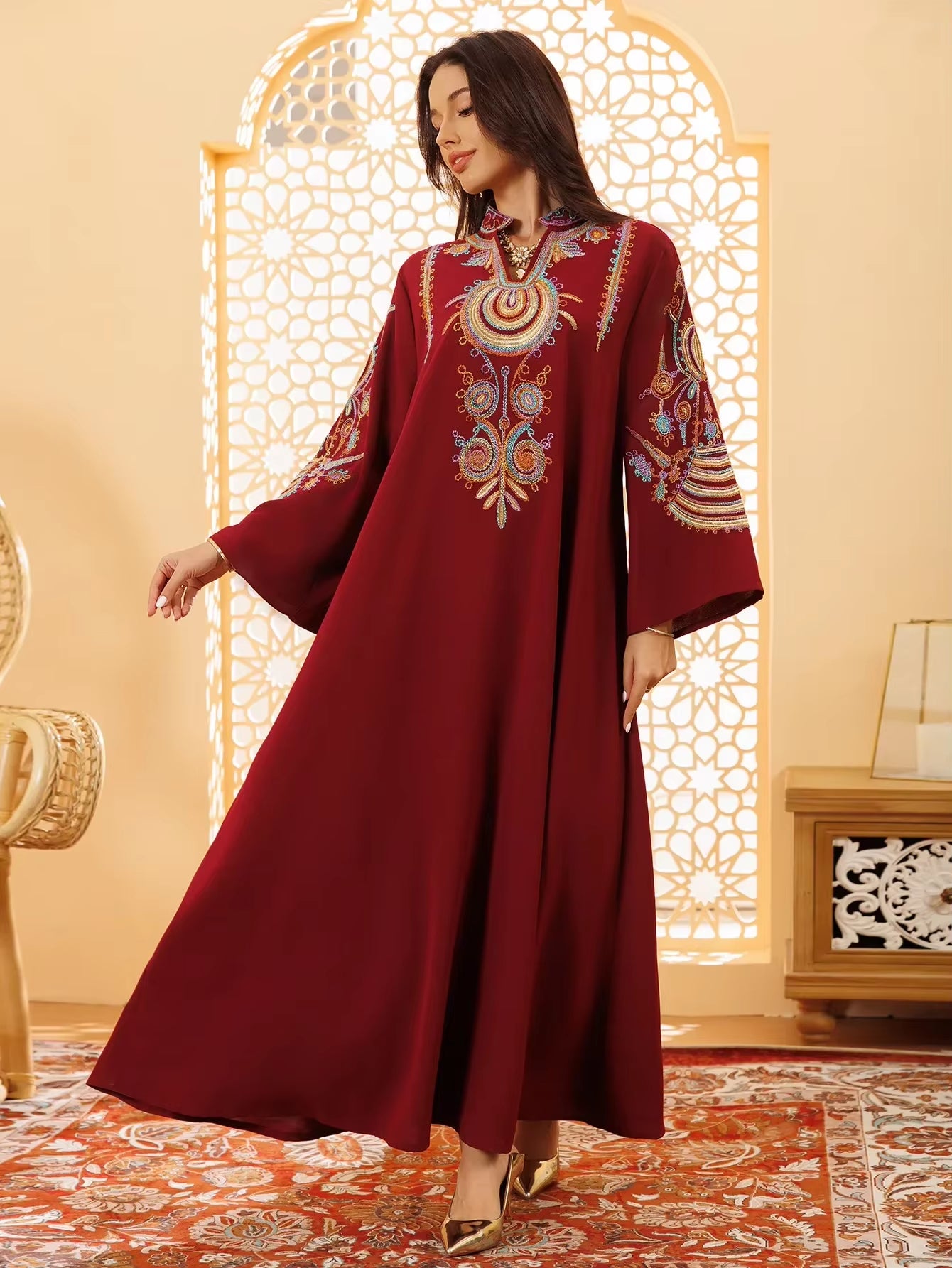 Colorful Flower Embroidery Abaya Fashion Maxi Long Dress Muslim for Women Stand V-Neck Robe Ramadan Islamic Jalabiya Loose Gown
