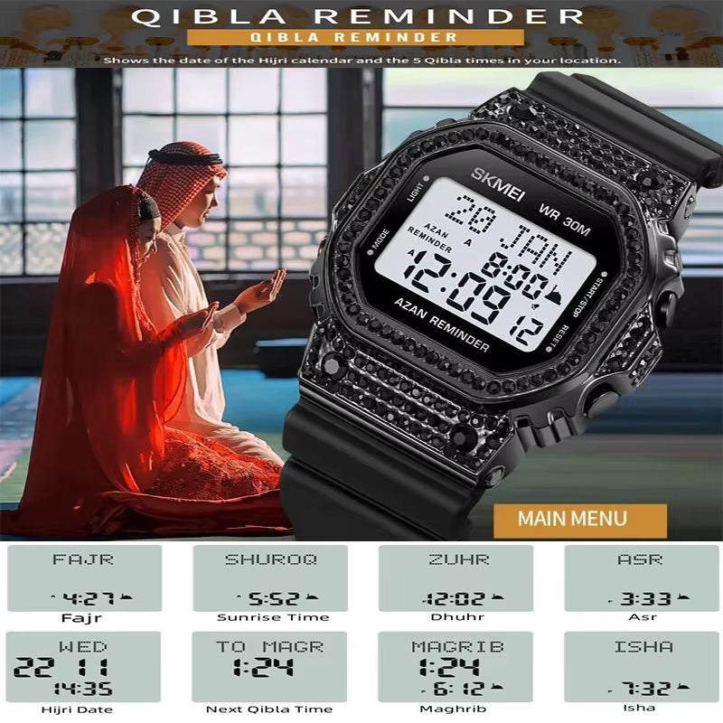 Muslim Azan Pilgrimage Sport'S Watch Luxury Rhinestone Dial Qibla Hijri Wristwatch Fashion Men'S Outdoor Compass Time