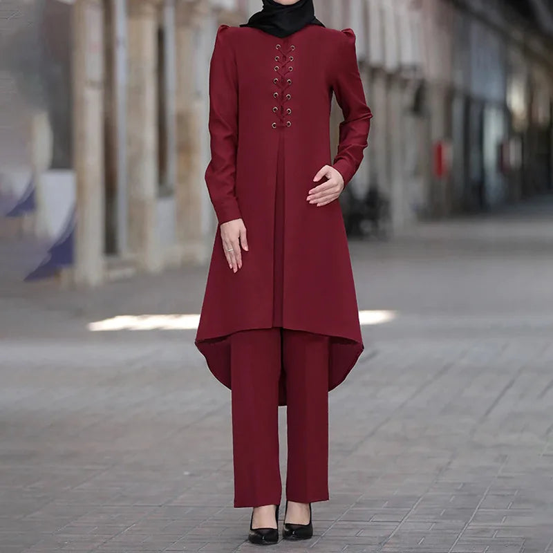 Muslim Women Long Tops Islamic Sets Women Muslim Pants Abaya Dubai 2020 Turkey Outfit Ramadan Prayer Clothes 2 Piece Set