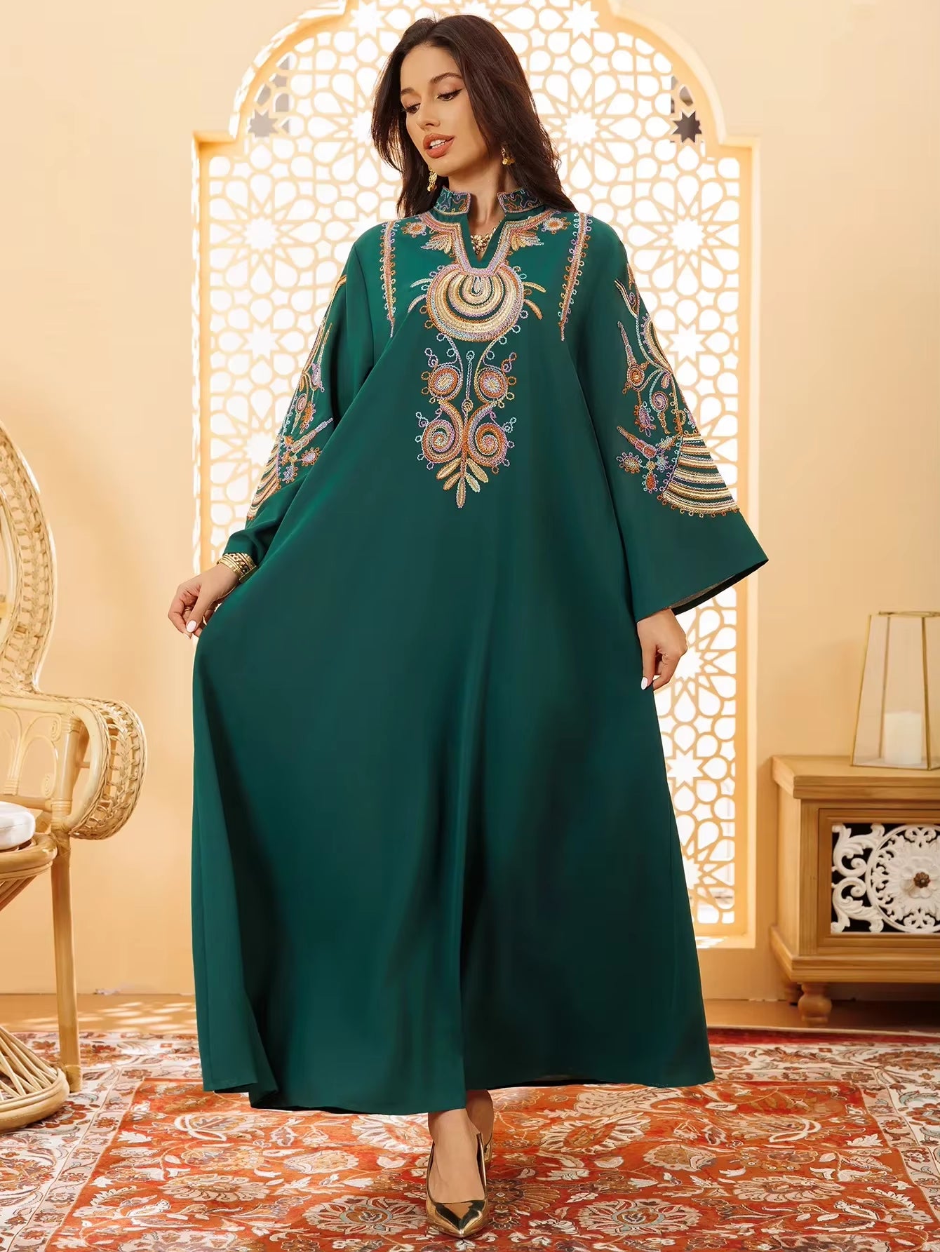 Colorful Flower Embroidery Abaya Fashion Maxi Long Dress Muslim for Women Stand V-Neck Robe Ramadan Islamic Jalabiya Loose Gown