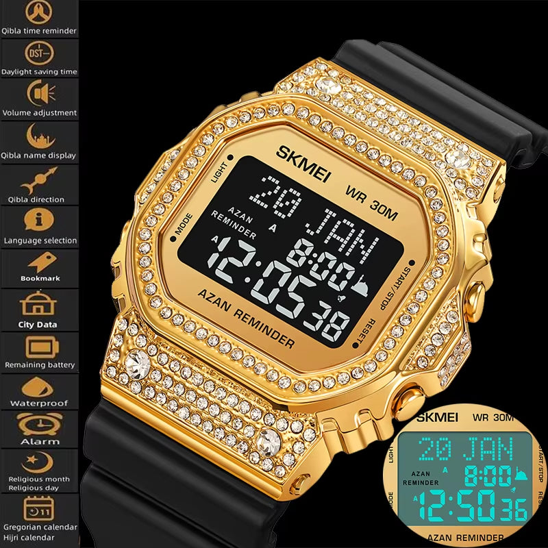 Muslim Azan Pilgrimage Sport'S Watch Luxury Rhinestone Dial Qibla Hijri Wristwatch Fashion Men'S Outdoor Compass Time