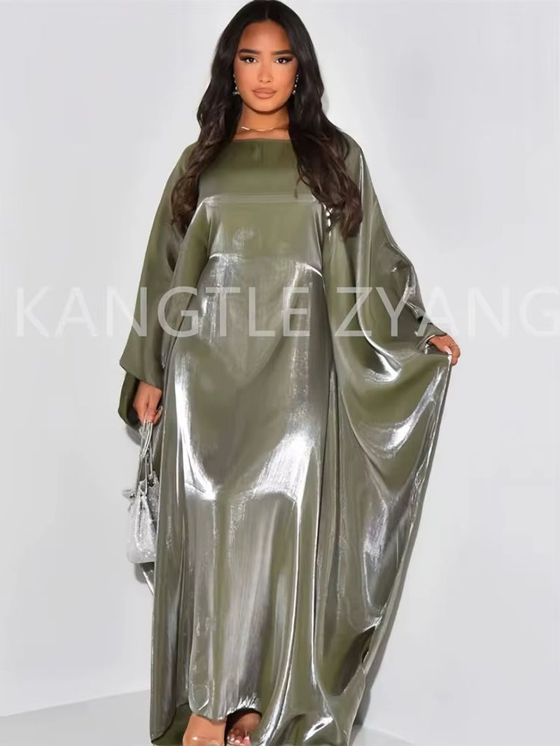 Ramadan Summer Batwing Sleeve Satin Butterfly Abaya Islam Muslim Maxi Dress Kebaya Women Kaftan Robe Musulmane Femme Vestidos