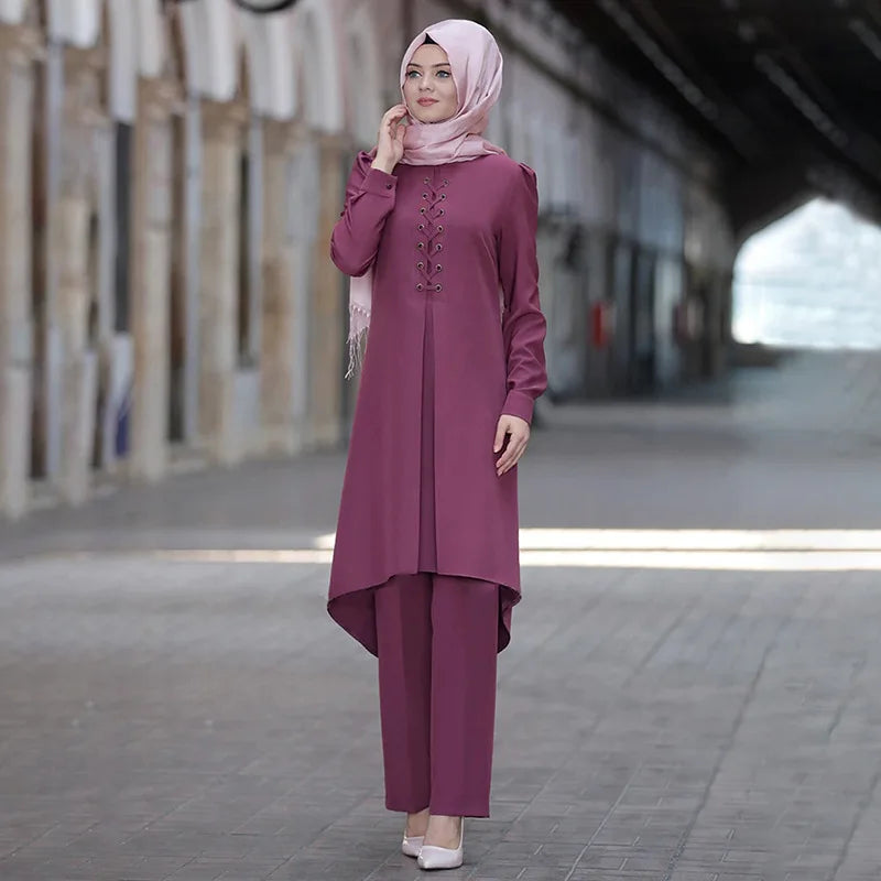 Muslim Women Long Tops Islamic Sets Women Muslim Pants Abaya Dubai 2020 Turkey Outfit Ramadan Prayer Clothes 2 Piece Set