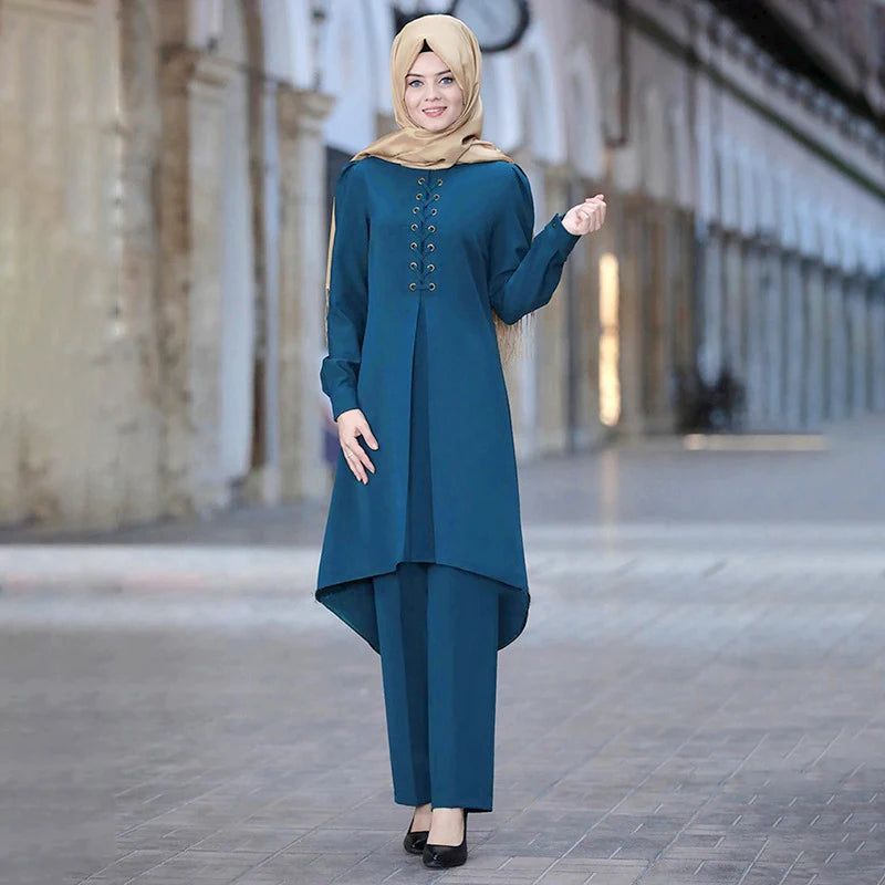 Muslim Women Long Tops Islamic Sets Women Muslim Pants Abaya Dubai 2020 Turkey Outfit Ramadan Prayer Clothes 2 Piece Set