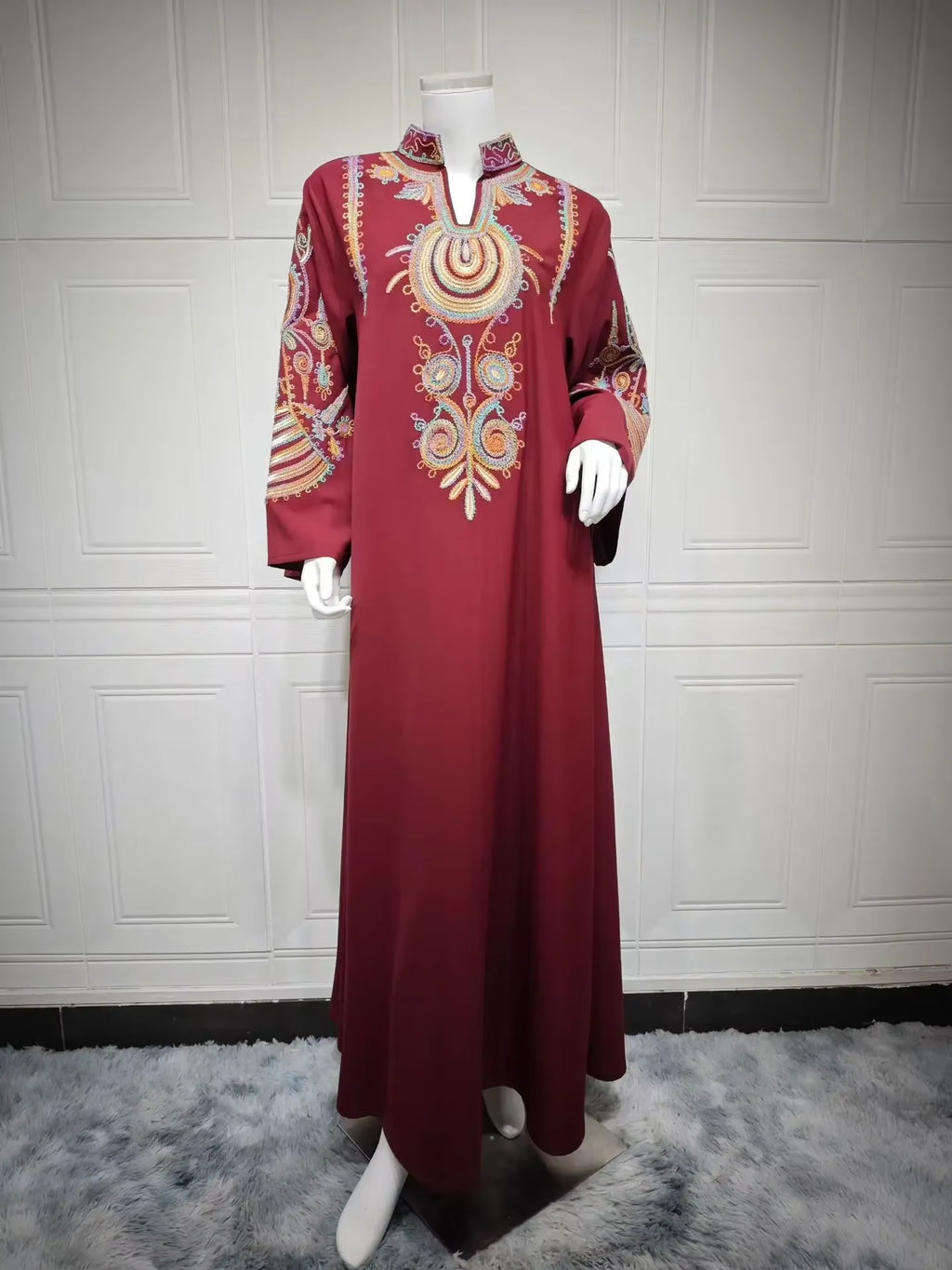 Colorful Flower Embroidery Abaya Fashion Maxi Long Dress Muslim for Women Stand V-Neck Robe Ramadan Islamic Jalabiya Loose Gown