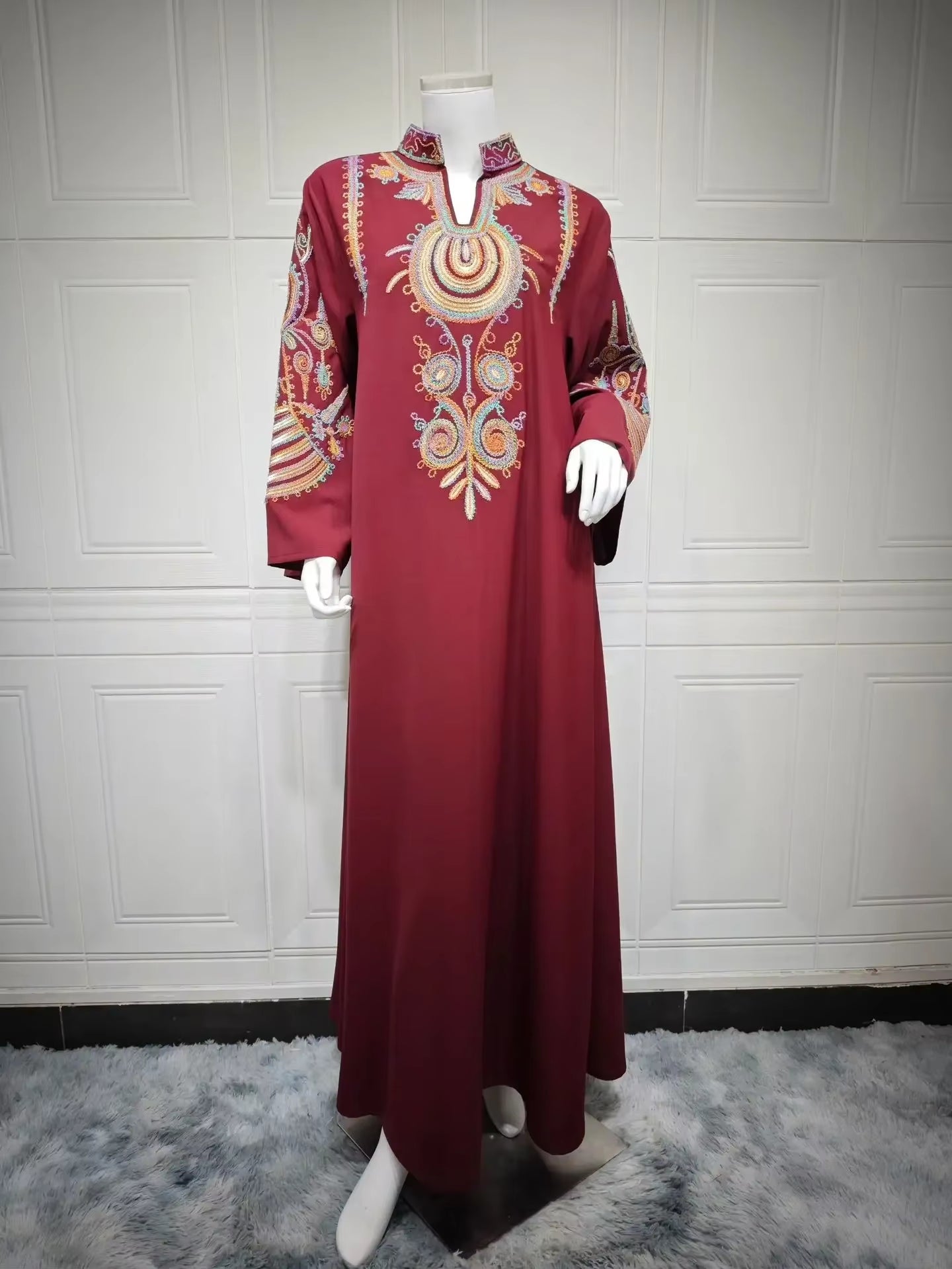 Colorful Flower Embroidery Abaya Fashion Maxi Long Dress Muslim for Women Stand V-Neck Robe Ramadan Islamic Jalabiya Loose Gown